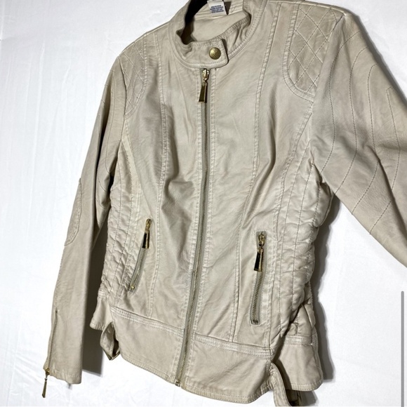 Vintage Roosevelt American College Beige Distressed Faux Leather Jacket M - Picture 9 of 16